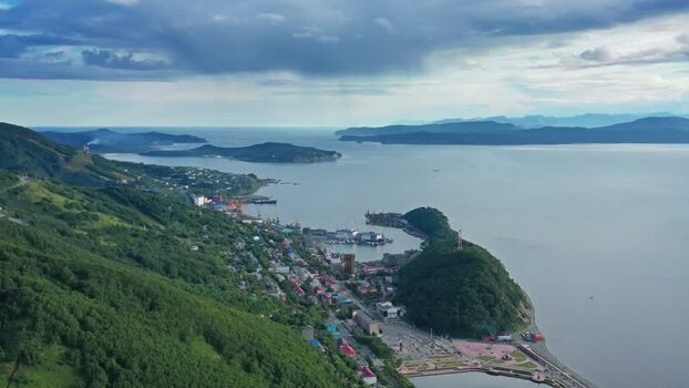 Aerial view of Petropavlovsk Kamchatskiy harbor Russia.