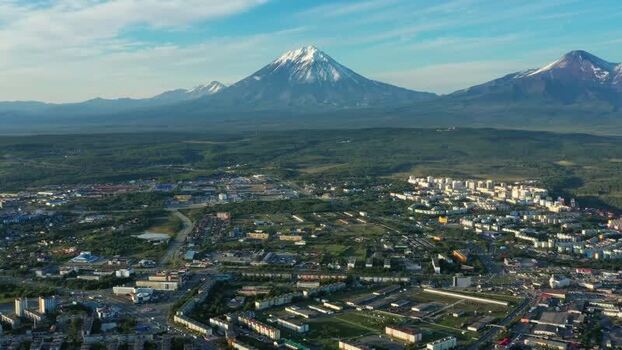 Aerial view of Petropavlovsk Kamchatskiy and volcanoes Russia.