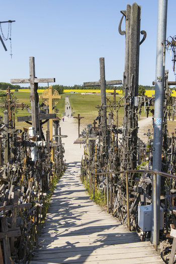 View of the Hill of Crosses with a wooden walkway surrounded by thousands of crosses under a clear blue sky in Siauliu Siauliu apskritis Lithuania. View of the Hill of Crosses with a wooden walkway surrounded by thousands of crosses under a clear blue sky in Siauliu Siauliu apskritis Lithuania.