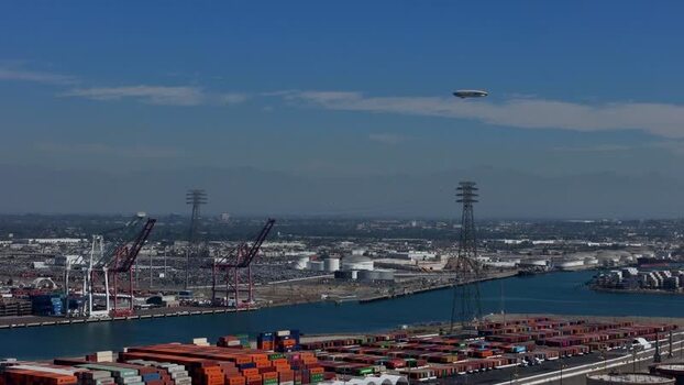 Aerial view of Long Beach port and airship United States.