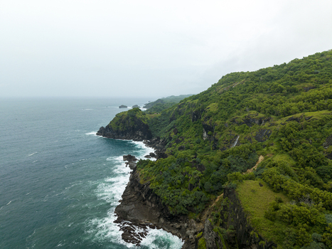 Aerial view of the rugged Pengilon Hill coastline meeting the turquoise sea a symphony of green foliage against the dark rocks Gunungkidul Regency Daerah Istimewa Yogyakarta Indonesia. Aerial view of the rugged Pengilon Hill coastline meeting the turquoise sea a symphony of green foliage against the dark rocks Gunungkidul Regency Daerah Istimewa Yogyakarta Indonesia.