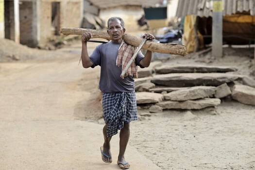 Odisha India 26 March 2026 View of a man carrying firewood his checkered cloth and worn flip flops a stark contrast to the rough earthy tones of the village road. Odisha India 26 March 2026 View of a man carrying firewood his checkered cloth and worn flip flops a stark contrast to the rough earthy tones of the village road.