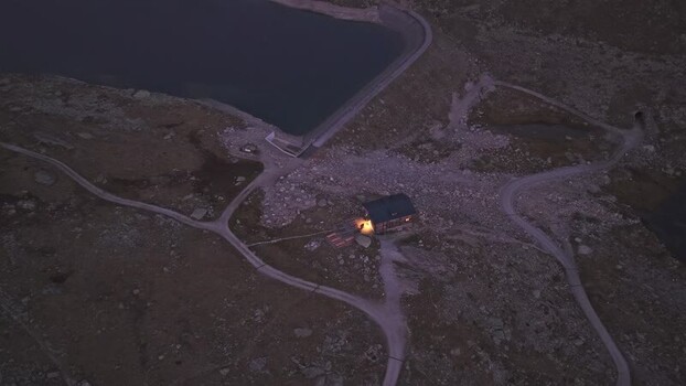 Aerial view of mountain hut near Aletsch Glacier Switzerland.