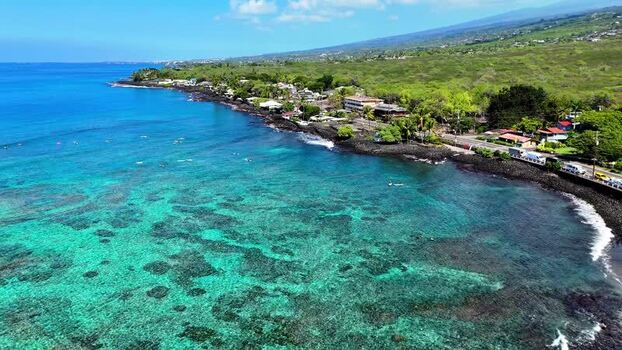 Aerial view of Kahalu u Beach Park and turquoise waters United States.