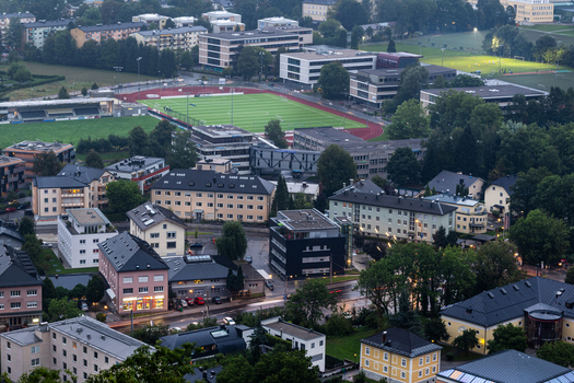 Aerial view of the city of Salzburg with its sports stadium residential buildings and urban streets in Salzburg Salzburg Austria. Aerial view of the city of Salzburg with its sports stadium residential buildings and urban streets in Salzburg Salzburg Austria.