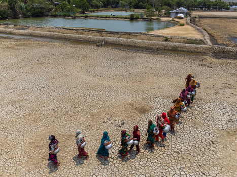 Gabura Union Bangladesh 25 April 2025 Aerial view of women in colorful saris walking across cracked parched earth carrying silver water pots near ponds. Gabura Union Bangladesh 25 April 2025 Aerial view of women in colorful saris walking across cracked parched earth carrying silver water pots near ponds.