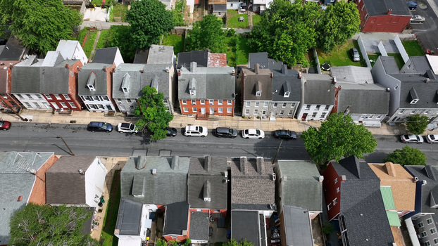 Aerial view of historic row houses and residential streets in South Lancaster Lancaster Pennsylvania United States.