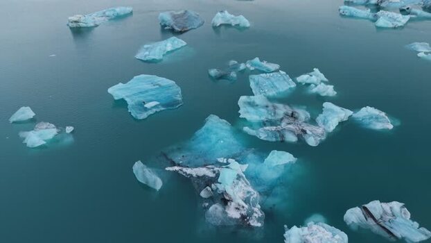 Aerial view of icebergs in Jokulsarlon Glacier Lagoon Iceland.