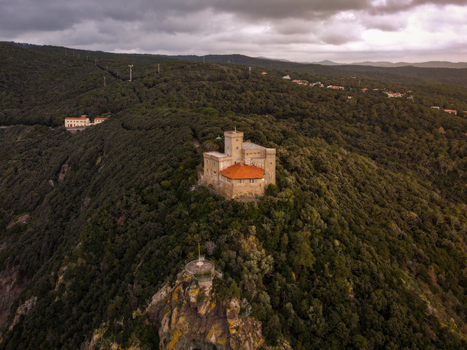 Aerial view of the historic Torre di Calafuria perched on a rocky cliff surrounded by dense Mediterranean forest under a cloudy sky Calafuria Toscana Italy.