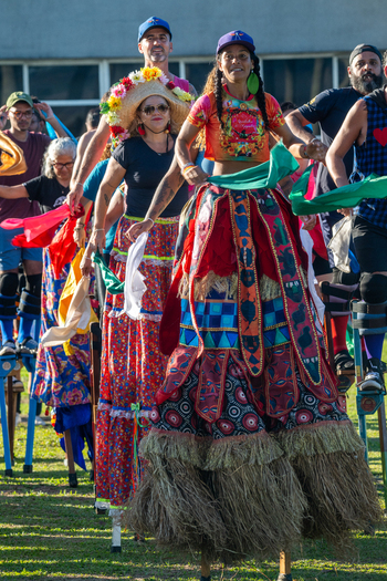 Rio de Janeiro Brazil 20 June 2026 View of performers on stilts in colorful traditional costumes celebrating Festa Junina with vibrant fabrics and straw details. Rio de Janeiro Brazil 20 June 2026 View of performers on stilts in colorful traditional costumes celebrating Festa Junina with vibrant fabrics and straw details.