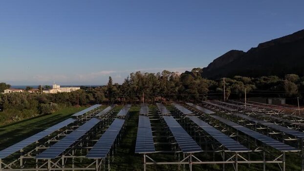 Aerial view of solar panel farm in Terrasini Italy.