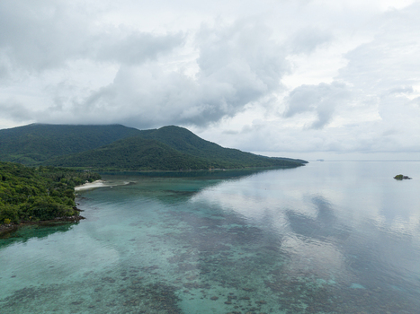 Aerial view of turquoise waters meet lush green hills under a cloudy sky creating a serene coastal scene at Cottage Legon Waru Karimunjawa Central Java Indonesia.