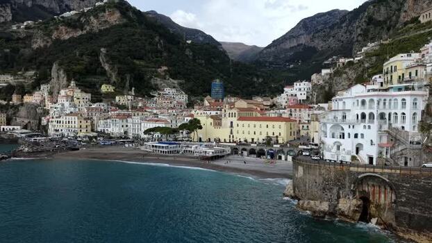 Aerial view of Amalfi coast buildings Italy.