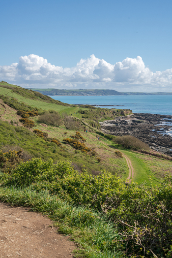 View of the South West Coastal Path winding along the grassy cliffs above Portnadler Bay with rocky shoreline and blue sea in Looe Cornwall United Kingdom. View of the South West Coastal Path winding along the grassy cliffs above Portnadler Bay with rocky shoreline and blue sea in Looe Cornwall United Kingdom.