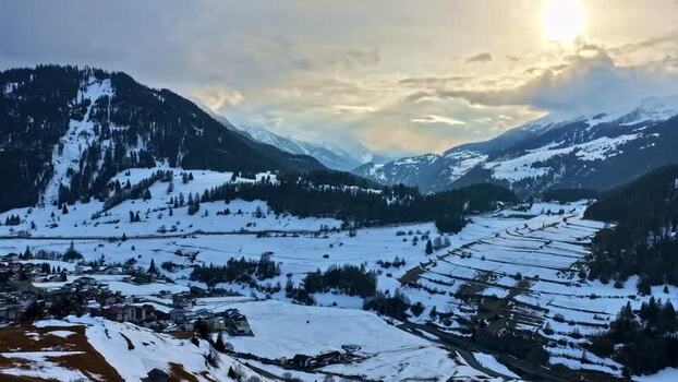Aerial view of snowy mountains in Nauders Austria.