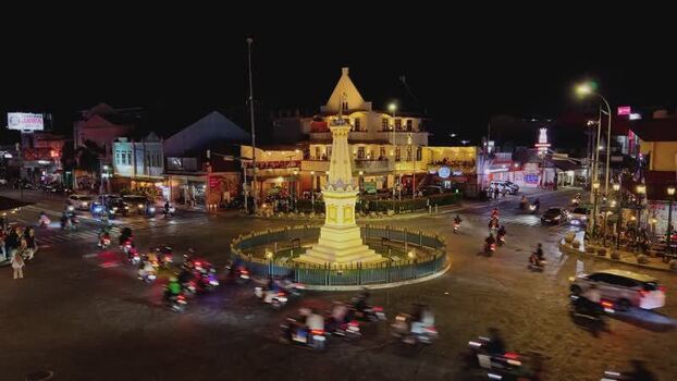 Aerial view of Tugu Yogyakarta Monument at night Indonesia. Aerial view of Tugu Yogyakarta Monument at night Indonesia.