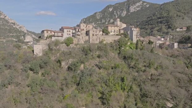 Aerial view of historic village near Marmore Falls Italy.