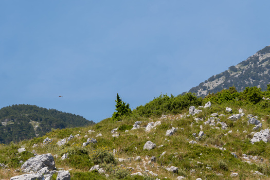 View of the rocky slopes and green vegetation of Panorama Llogora under a clear blue sky in Himare Qarku i Vlores Albania.
