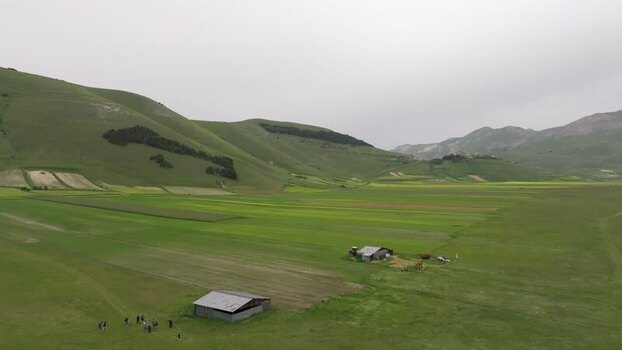 Aerial view of Castelluccio landscape in Italy.