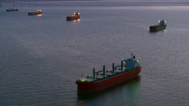Aerial view of cargo ships on the Columbia River United States.
