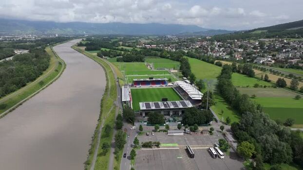 Aerial view of Rheinpark Stadion by the Rhine river Liechtenstein.