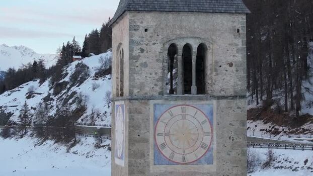 Aerial view of the historic sunken church tower of Curon Italy. Aerial view of the historic sunken church tower of Curon Italy.
