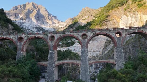 Aerial view of the historic marble railway viaduct in Carrara Italy. Aerial view of the historic marble railway viaduct in Carrara Italy.