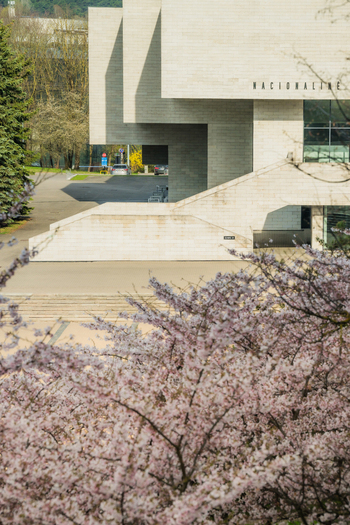 View of the National Gallery of Art with blooming cherry blossoms in the foreground and modernist concrete architecture in Vilnius Vilnius County Lithuania. View of the National Gallery of Art with blooming cherry blossoms in the foreground and modernist concrete architecture in Vilnius Vilnius County Lithuania.