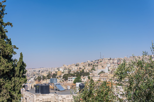 View of the cityscape of Amman featuring dense stone buildings water tanks on rooftops and olive trees in the foreground under a clear blue sky in Amman Amman Governorate Jordan.