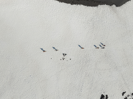 Aerial view of people walking across the snow covered Versante sud dell Etna with long shadows and dark volcanic rocks in Nicolosi Sicilia Italy. Aerial view of people walking across the snow covered Versante sud dell Etna with long shadows and dark volcanic rocks in Nicolosi Sicilia Italy.