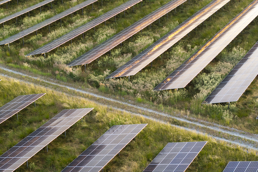 Aerial view of rows of solar panels installed in a field with green grass and a dirt path under warm golden hour light in Poland. Aerial view of rows of solar panels installed in a field with green grass and a dirt path under warm golden hour light in Poland.