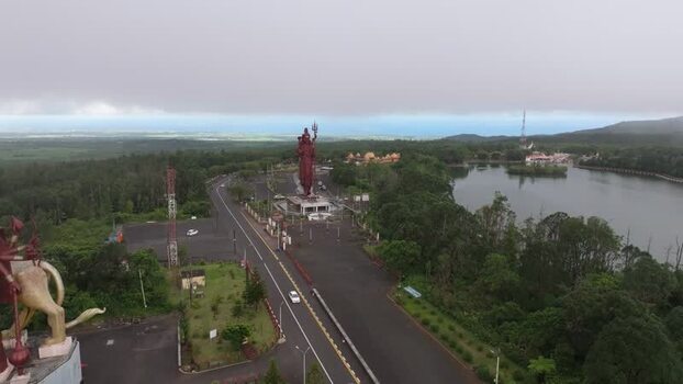 Aerial view of Grand Bassin and Shiva statue Mauritius.
