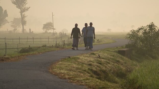 View of men walking on a rural road in a misty landscape Bangladesh.