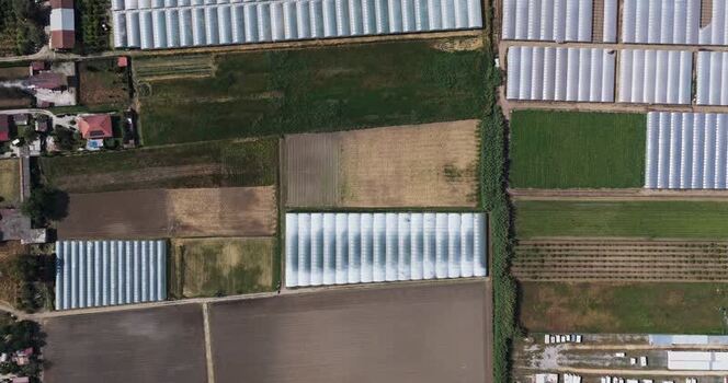 Aerial view of greenhouses and agricultural fields Italy.