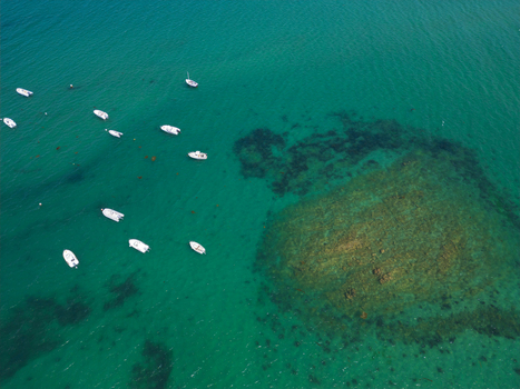 Aerial view of small white boats anchored in clear turquoise water near Plage de Port Blanc with visible underwater reefs Penvenan Bretagne France. Aerial view of small white boats anchored in clear turquoise water near Plage de Port Blanc with visible underwater reefs Penvenan Bretagne France.