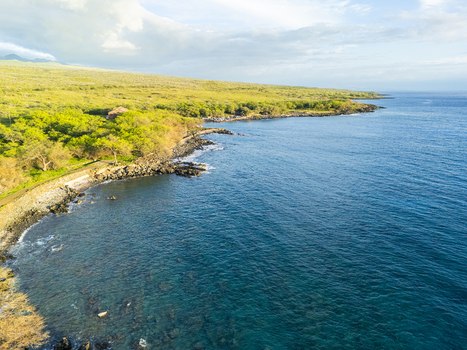 Aerial view of Mahukona Beach Park featuring a rocky shoreline turquoise ocean waters and lush green trees along the Kohala Coast in Waimea Hawaii United States.