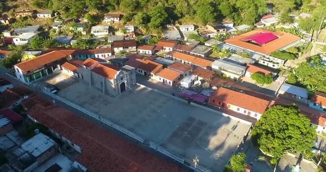 Aerial view of Cepe village square and church in Venezuela.