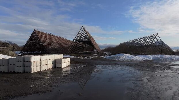 Aerial view of fish drying racks in Lofoten Norway.