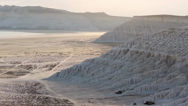 Aerial view of the white salt cliffs of Tuzbair Kazakhstan.