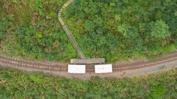 Aerial view of Outeniqua Pass railway track with white train cars and a wooden staircase leading into lush green forest Garden Route District Municipality Western Cape South Africa.