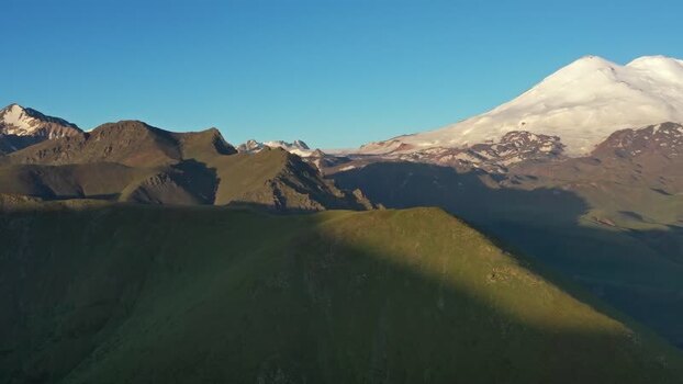 Aerial view of Mount Elbrus and Caucasus Mountains Russia.