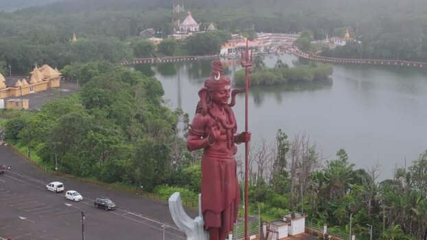 Aerial view of Shiva statue at Grand Bassin Mauritius.