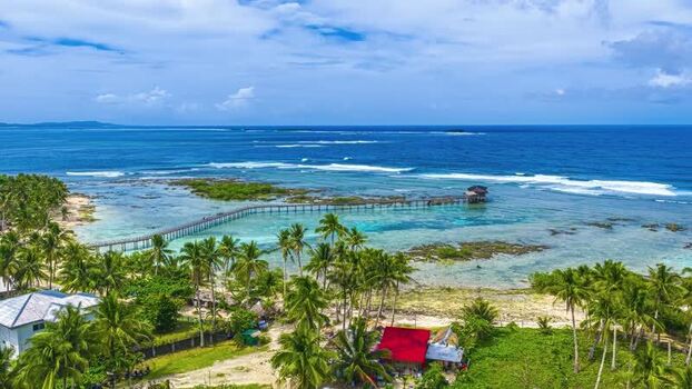 Aerial view of a tropical beach with a long wooden pier.