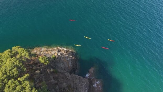 Aerial view of kayaks near Naregno Beach Italy.