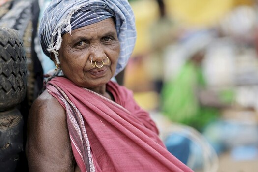 Odisha India 26 March 2026 View of an indigenous Indian woman her weathered face framed by a patterned headscarf adorned with a gold nose ring. Odisha India 26 March 2026 View of an indigenous Indian woman her weathered face framed by a patterned headscarf adorned with a gold nose ring.