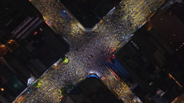 Buenos Aires Argentina 15 July 2026 Aerial view of a massive crowd celebrating at the Cabildo and Juramento intersection in Belgrano following a FIFA World Cup 2026 match. Buenos Aires Argentina 15 July 2026 Aerial view of a massive crowd celebrating at the Cabildo and Juramento intersection in Belgrano following a FIFA World Cup 2026 match.