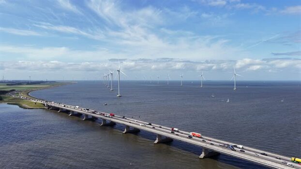 Aerial view of Ketelbrug bridge and wind turbines Netherlands.