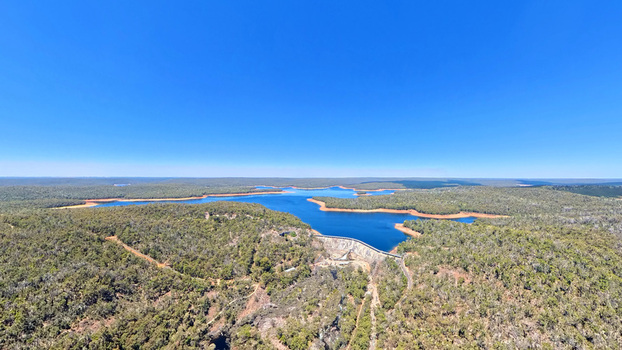 Worsley Australia 05 January 2026 Aerial view of Wellington Dam surrounded by dense eucalyptus forests and the blue waters of the reservoir. Worsley Australia 05 January 2026 Aerial view of Wellington Dam surrounded by dense eucalyptus forests and the blue waters of the reservoir.