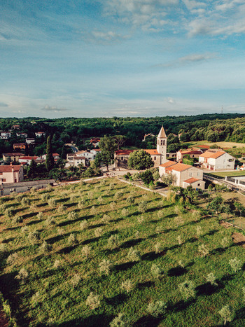 Aerial view of the village of Karojba featuring a historic church tower red roofed houses and lush olive groves under a blue sky in Karojba Istria County Croatia.