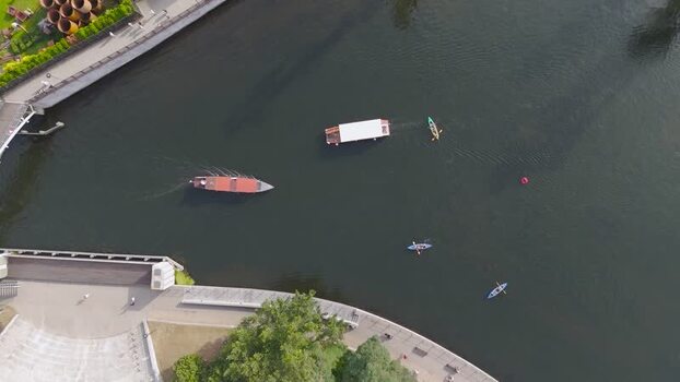 Aerial view of boats on the river Poland. Aerial view of boats on the river Poland.